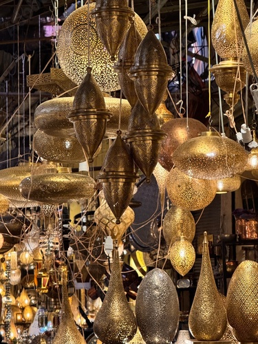 Assortment of Traditional Moroccan Handicrafts: Various Lamps and Light Fixtures