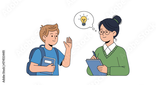 Student with backpack raising hand teacher with clipboard and lightbulb idea.