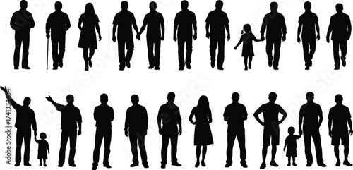 Silhouettes of people walking, family with children, casual lifestyle, generational concept, outdoor activity, community togetherness, human figures, parents and kids