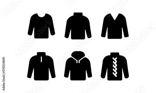 Collection of black silhouette sweater icons for fashion design projects