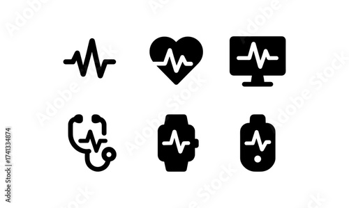 Health icons: heartbeat, stethoscope, monitor, smartwatch in minimalist style