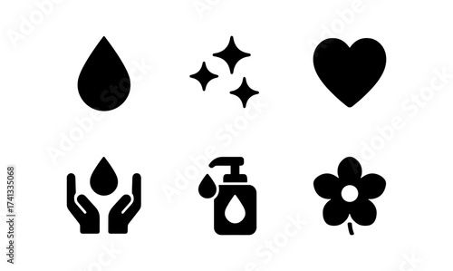 Minimalist black icons: water drop, heart, sparkles, hands, bottle, flower