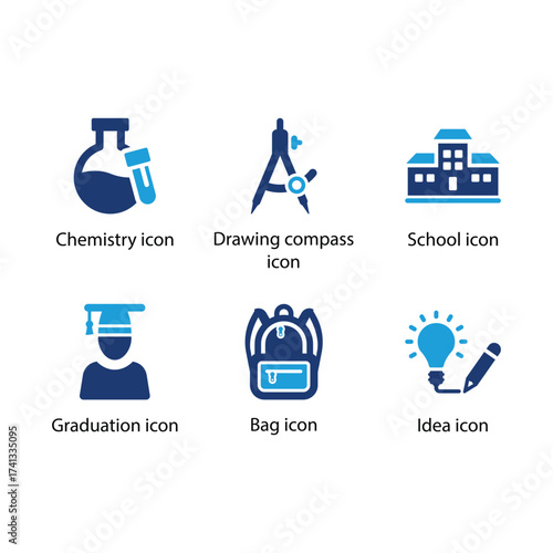Chemistry, Drawing compass, School, Graduation, Bag, Idea, Blue Icon Set