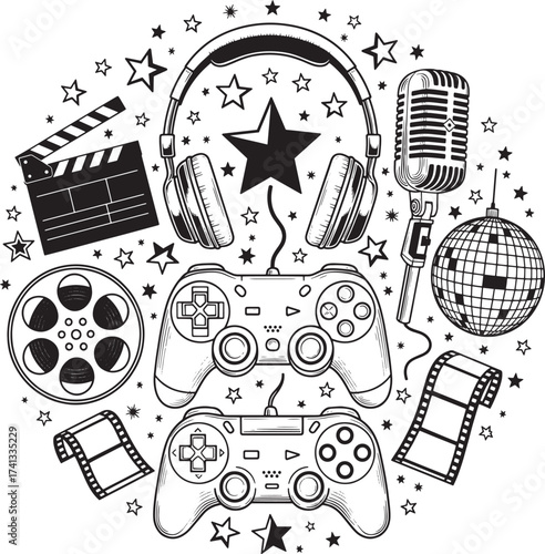Collection of diverse entertainment icons including a microphone headphones game controllers film reel and clapperboard for creative projects
