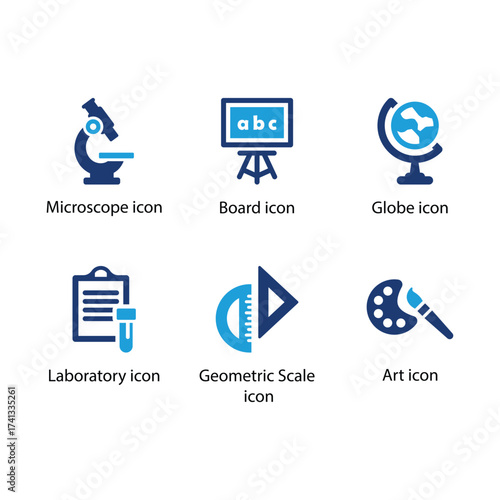 Microscope, Board, Globe, Laboratory, Geometric Scale, Art, Blue Icon Set