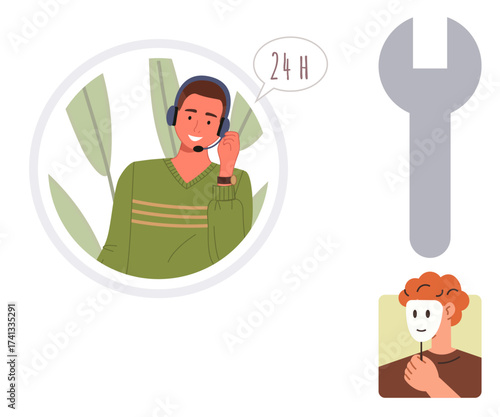 Smiling customer service agent with headset, giant wrench symbolizing troubleshooting, person holding a smiling mask. Ideal for support, assistance, maintenance, identity, deception, teamwork