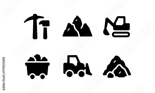 Mining industry icons: tools, machinery, and resources in black silhouette style