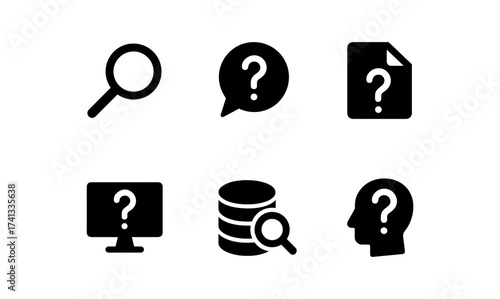 Simple icons of search concepts including magnifying glass and question mark