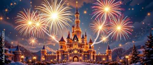 Enchanting Fireworks Display Above a Fairytale Castle at Night with Snowy Landscape Surrounding