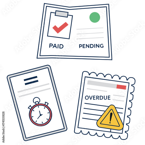 Invoice status illustration with paid, pending, and overdue documents