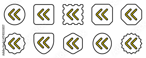 Vector double arrow chevron left icon. Black, white background. Perfect for app and web interfaces, infographics, presentations, marketing, etc.