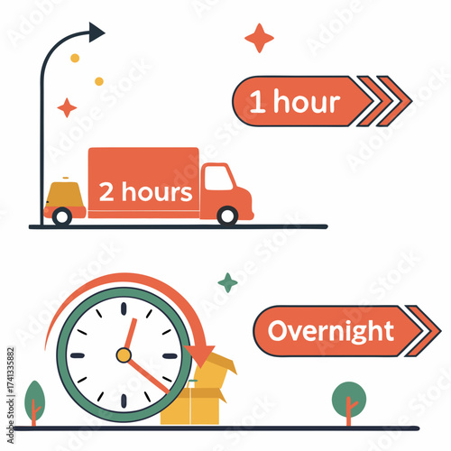 Delivery time options with truck, clock and boxes