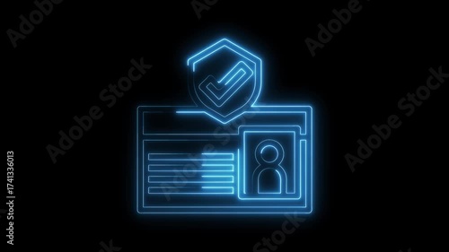 Glowing neon identity card with protected verification check mark symbol animation