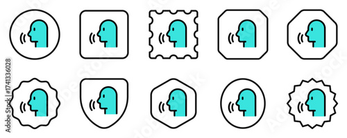 Vector person speaking, speech recognition, voice activation icon. Black, white background. Perfect for app and web interfaces, infographics, presentations, marketing, etc.