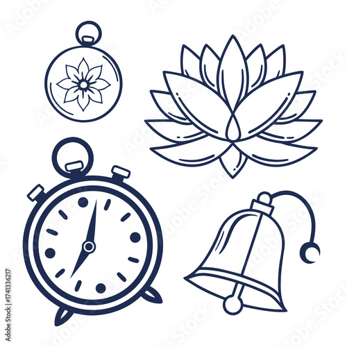 Collection of meditation symbols with flower and bell