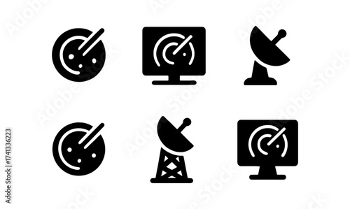 Silhouette icons of radar and satellite dishes for communication design projects