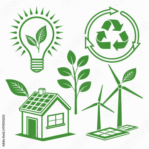 A collection of green energy and sustainability icons