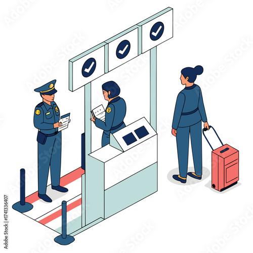 Isometric illustration of airport security check with officers and traveler