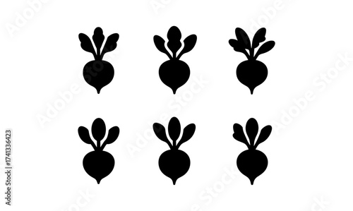 Silhouette beetroot icons set with leaf variations on white background