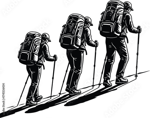 Three hikers with backpacks and poles ascend a slope illustration