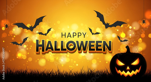 A Happy Halloween Scene With A Jack O Lantern Spooky Bats And Glowing Bokeh Lights On An Orange Background