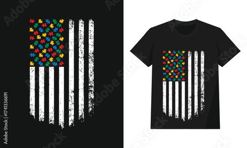 Distressed American Flag with Autism Awareness Puzzle Pieces Union

