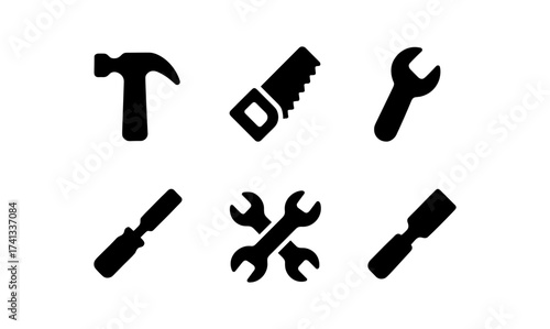 Silhouette tool icons set: hammer, saw, wrench, screwdriver, chisel for diy projects