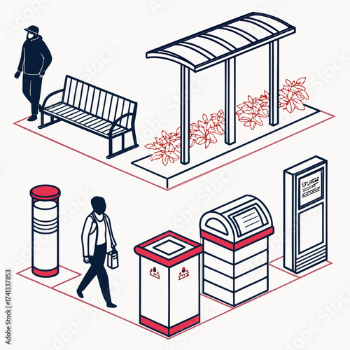 Isometric illustration of urban street furniture