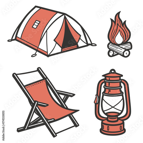 Camping essentials featuring tent, chair, and lantern