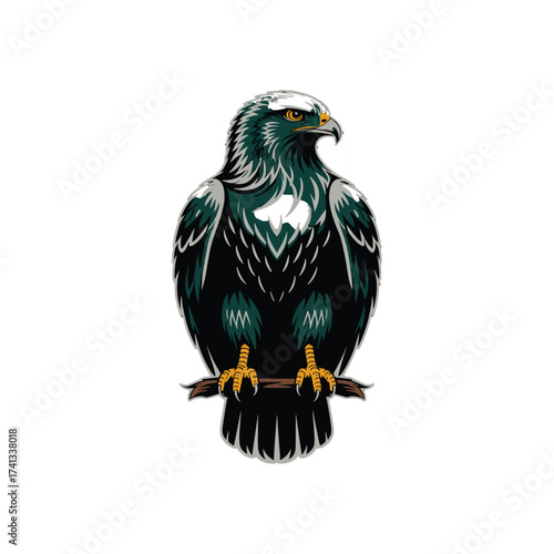 Powerful eagle standing on branch. Wild bird predatory gaze. Strong wildlife predator. Symbol of freedom and strength. T-shirt Design.