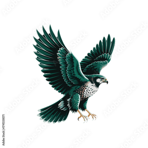 Dynamic falcon in flight with wings open. Predatory bird action. Wildlife hunter T-shirt Design. Graceful hunter.