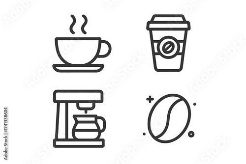 Coffee line icon set vector illustration. Modern outline style symbols collection. Coffee cup, takeaway paper cup, coffee maker machine, coffee bean. For cafe menu, app design.