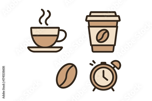 Coffee time icon set. Modern outline style vector illustration. Hot drink, cup, bean, to-go cup, alarm clock symbols. For cafe menu, app, web design. Morning coffee concept.