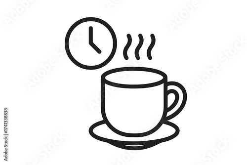 Coffee break time concept icon. Morning hot drink cup with steam and clock. Simple outline vector for cafe, office, breakfast, and web design. Tea time, caffeine pause symbol.
