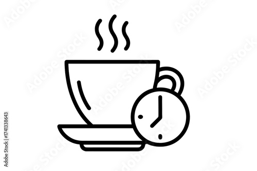 Coffee break time vector line icon. Cup of hot drink with clock. Morning beverage, tea, cafe concept. Outline pictogram for graphic, web design, apps, ui. Editable stroke.