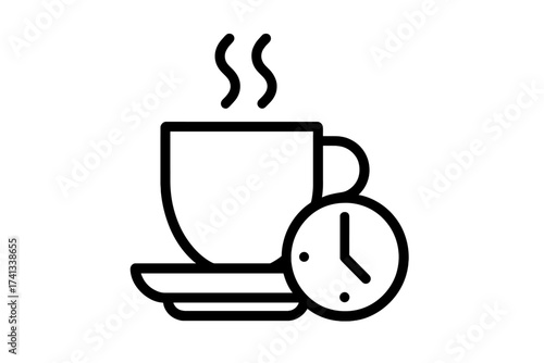 Coffee break time linear icon. Hot drink mug with steam and clock symbol. Morning coffee, tea time concept for web design and apps. Office break, deadline, schedule vector sign.