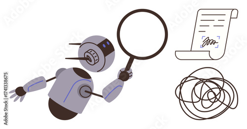 Robot holding magnifying glass studying a signed document and chaotic scribble. Ideal for AI analysis, legal research, technology innovation, problem-solving, data organization, investigation