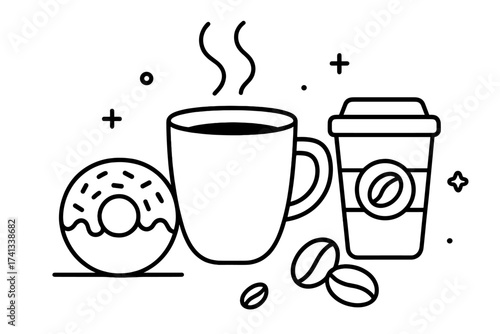Coffee break vector line icon set. Donut, coffee mug, takeaway cup, beans illustration. Simple outline drawing for cafe menu, breakfast logo, sticker, web graphic design.