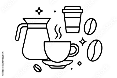 Coffee time vector line art icons. Hot drink in a cup, coffee pot, paper mug and beans. Cafe menu outline illustration for graphic design, apps, and web. Morning coffee break.