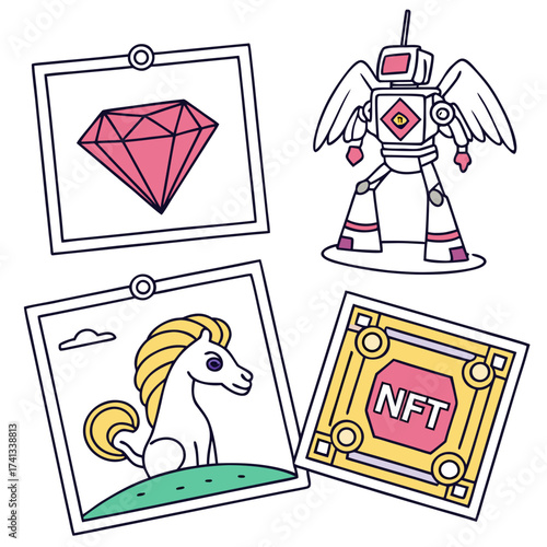 Digital art collection with diamond, robot, unicorn and nft
