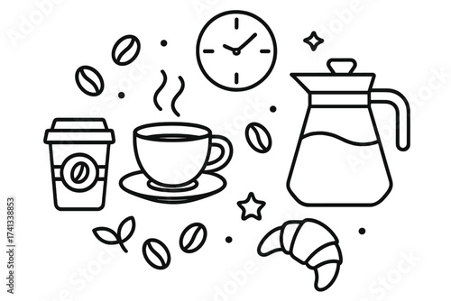Coffee time icon set. Vector outline illustration for cafe menu or web design. Breakfast concept with coffee cup, pot, beans, croissant. Morning coffee break graphic elements.