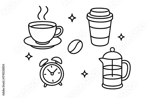 Coffee time outline icon set. Morning coffee break concept. Vector line art illustration. Cup, mug, to-go cup, bean, french press, alarm clock. Simple icons for cafe menu.