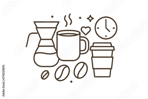 Coffee time vector icon set. Linear outline graphic illustration with mug, pour-over maker, beans, to-go cup. For cafe menu, barista logo, beverage symbol, morning concept.