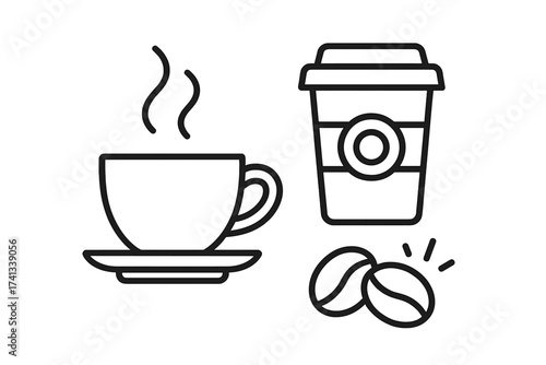Coffee time icon set. Linear outline signs for web design, apps, ads. Vector cartoon illustration of coffee cup, to-go mug, beans icons. For cafe menu, break time concepts.