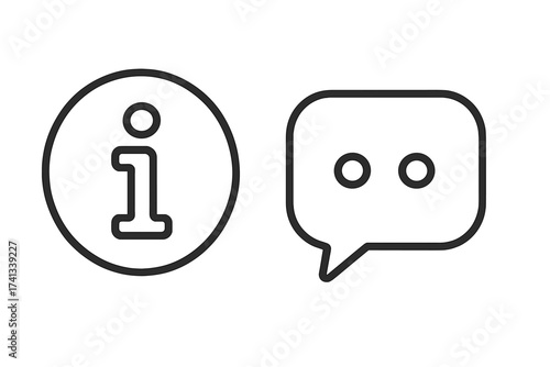 Information and chat icon set. Info symbol in circle and message bubble. Linear vector illustration for support, help desk, FAQ, and customer service communication concepts.