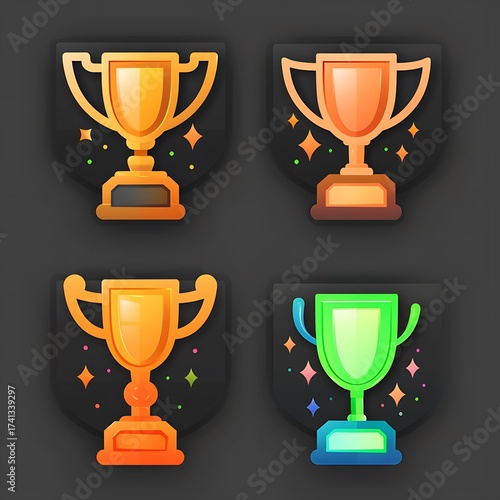 Varied Trophies on Shields: Achievements in Different Metallic Tones and Colors