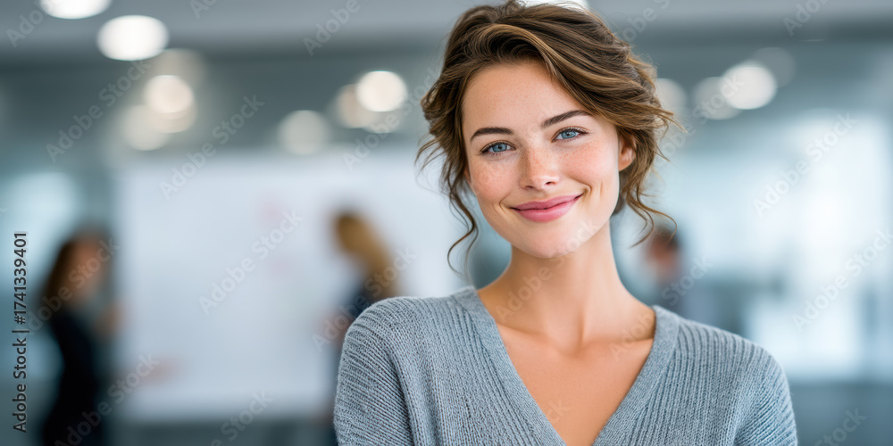 Fototapeta premium Confident young professional small business owner smiling in modern office environment with blurred team members in background
