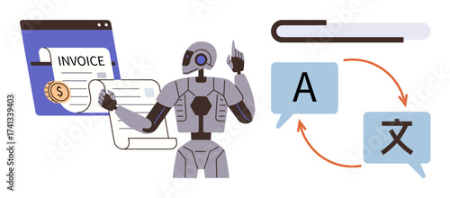 Robot handling online invoicing with a dollar coin and file, surrounded by language symbols and arrows. Ideal for automation, technology, AI, productivity, software, global business, simple flat