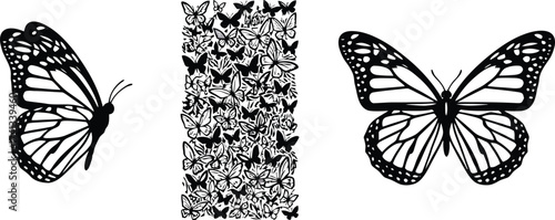 Monarch butterflies and a column of butterflies in black and white