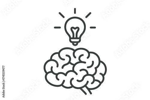 Brainstorming and new idea concept. Human brain with a shining lightbulb icon. Metaphor for creativity, innovation, intelligence, knowledge, inspiration and finding a solution.